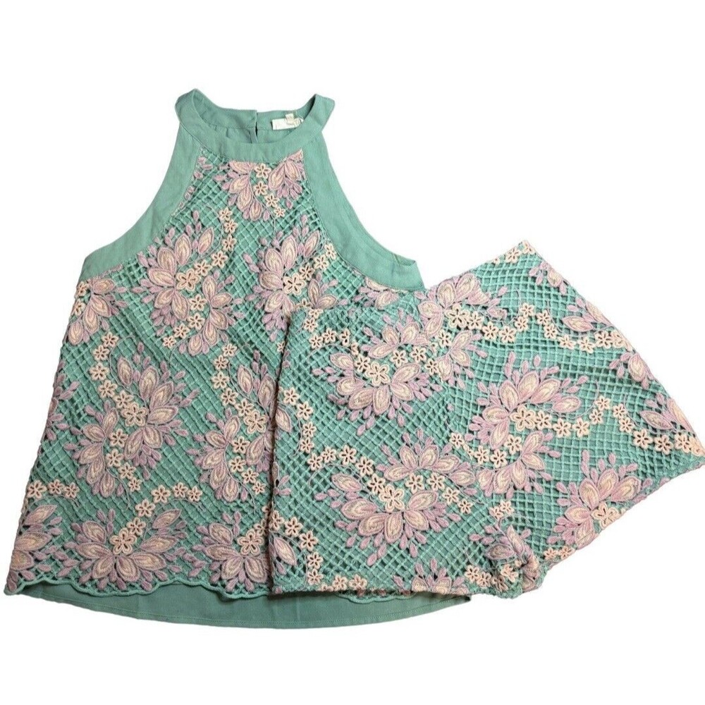 ENTRO Short Set Sage Floral Lace Sleeveless Top And Bottoms Size Small
